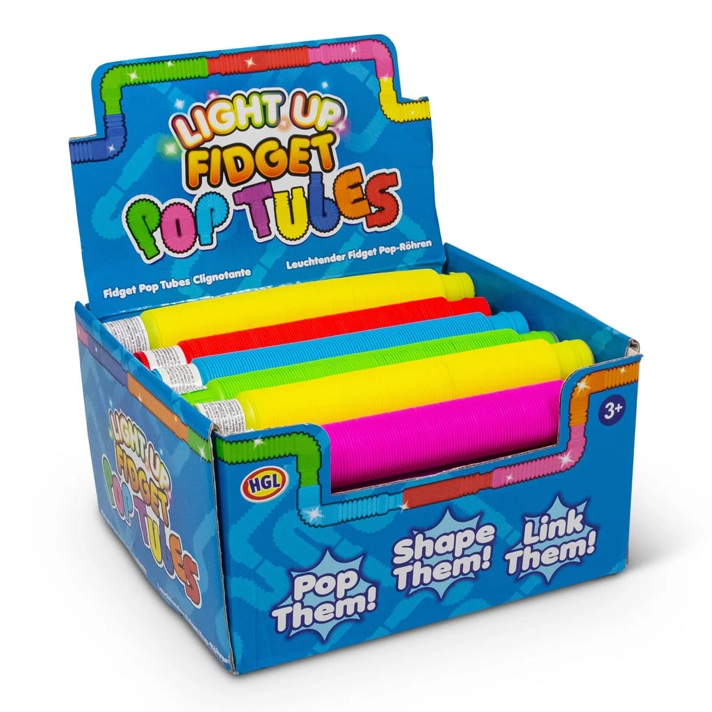 Light Up Fidget Pop Tubes display box showing all colours
